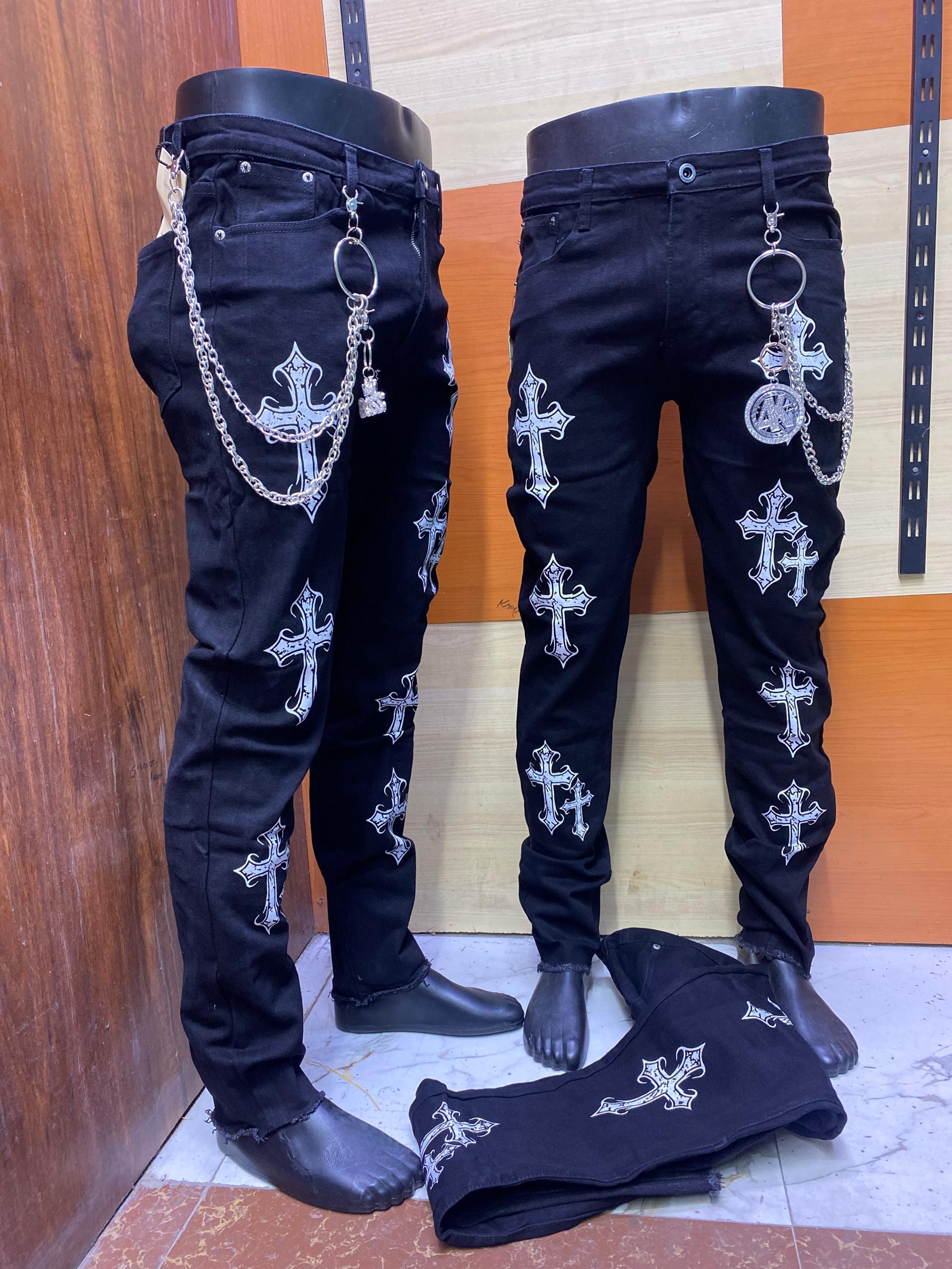 Black Denim Jeans with White Crosses and Chain Detail

Y2K Gothic Black Jeans with White Crosses