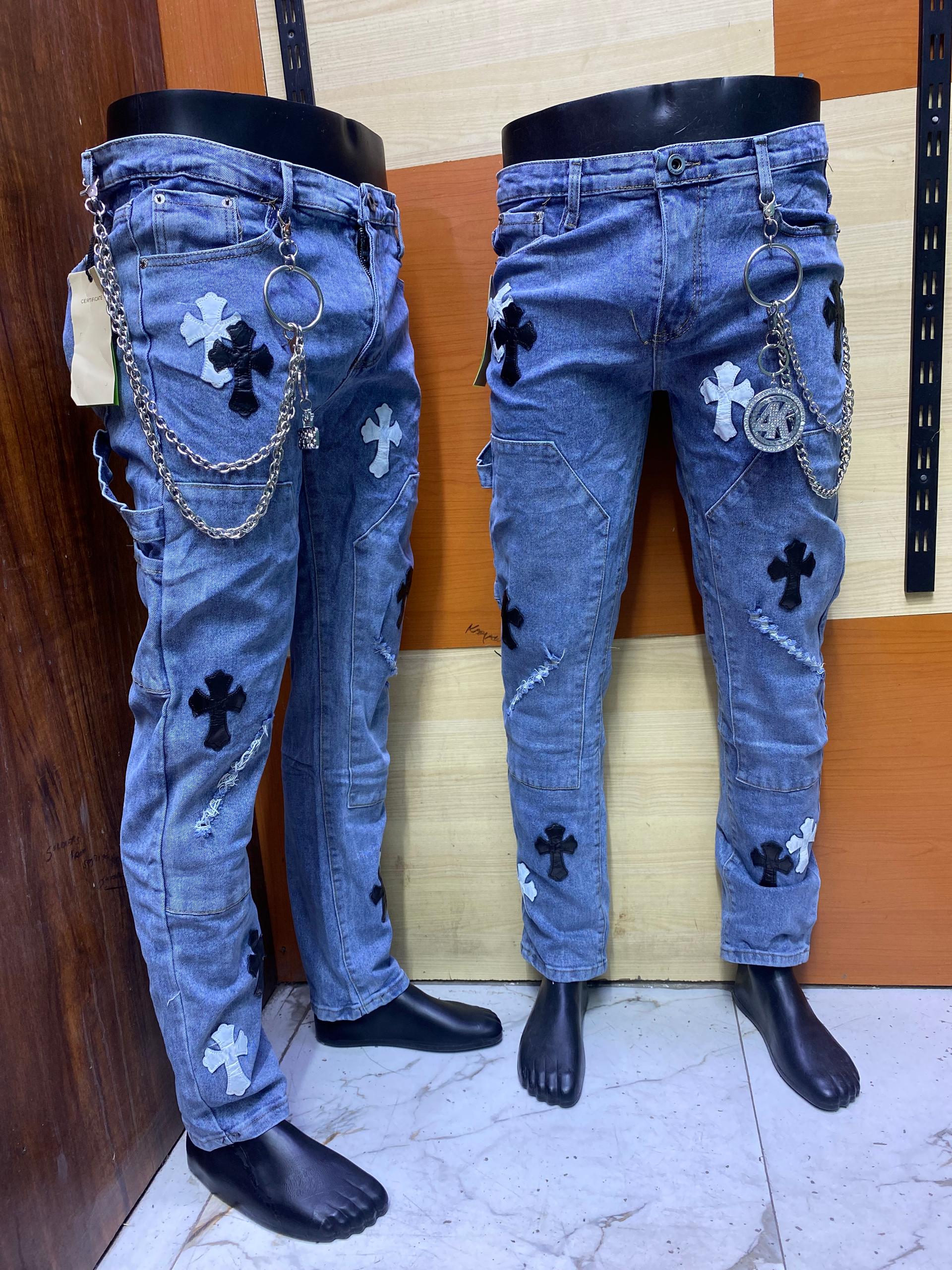 Black Denim Jeans with White Crosses and Chain Detail

Y2K Gothic Black Jeans with White Crosses