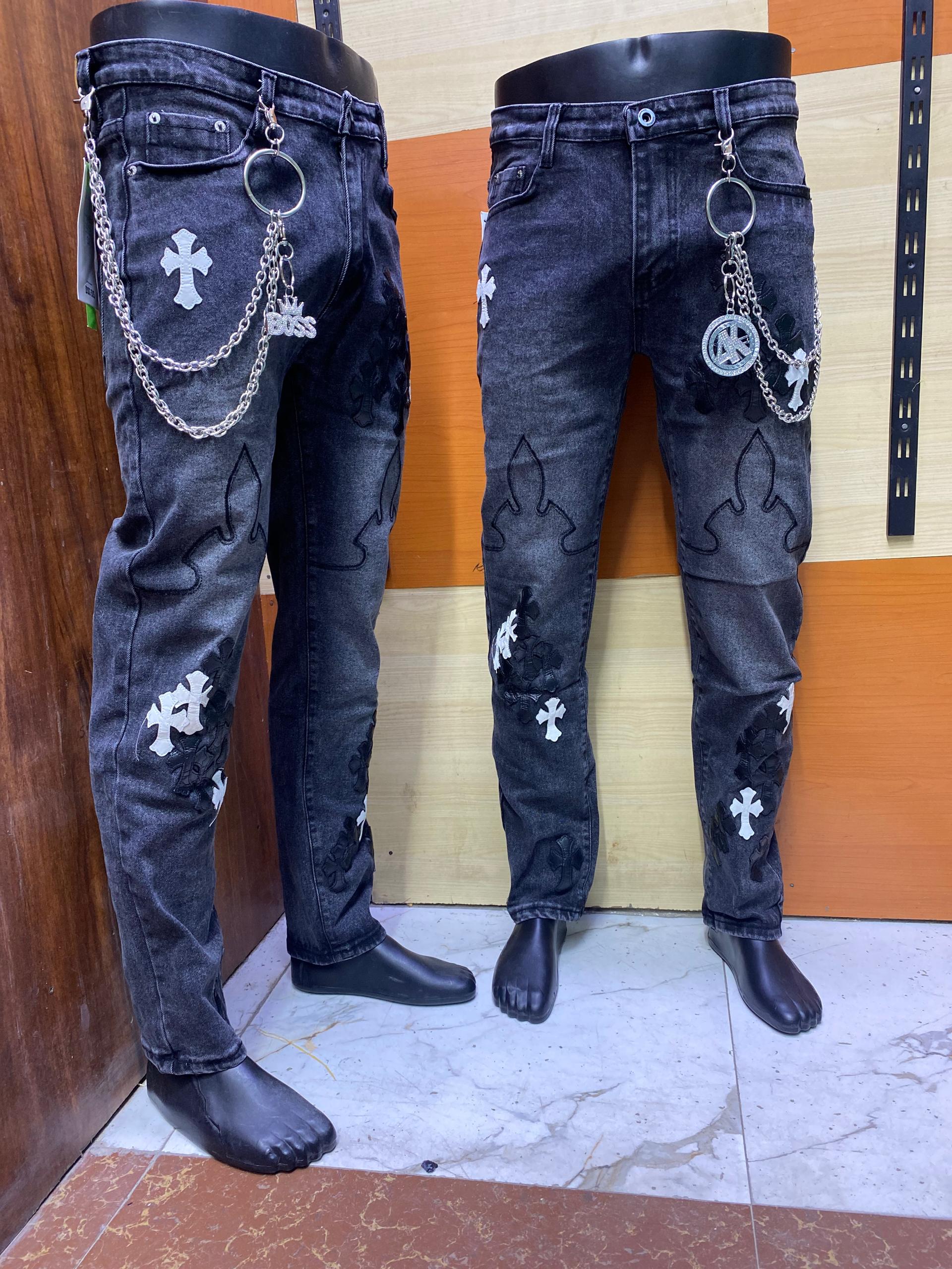 Black Denim Jeans with White Crosses and Chain Detail

Y2K Gothic Black Jeans with White Crosses