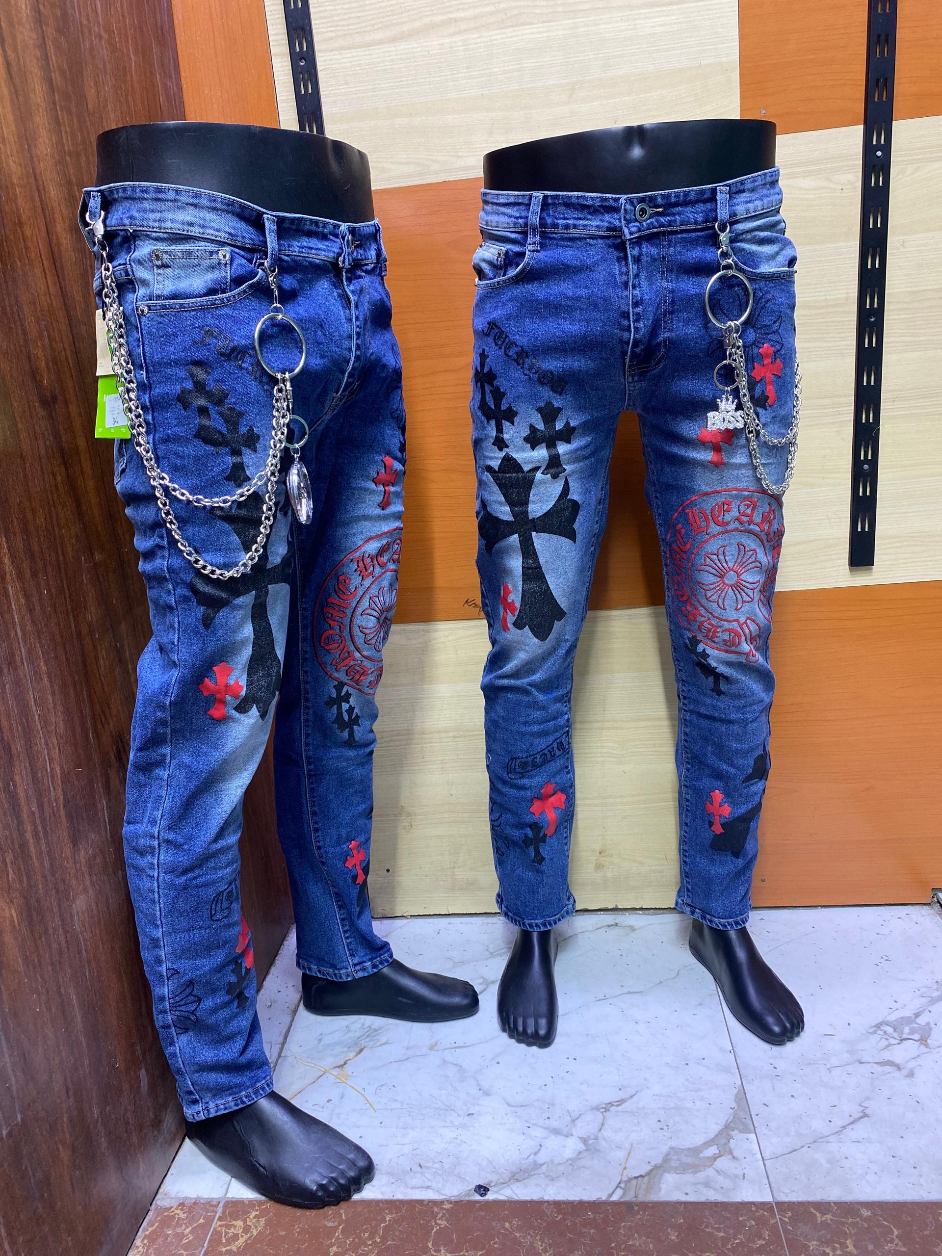 Black Denim Jeans with White Crosses and Chain Detail

Y2K Gothic Black Jeans with White Crosses